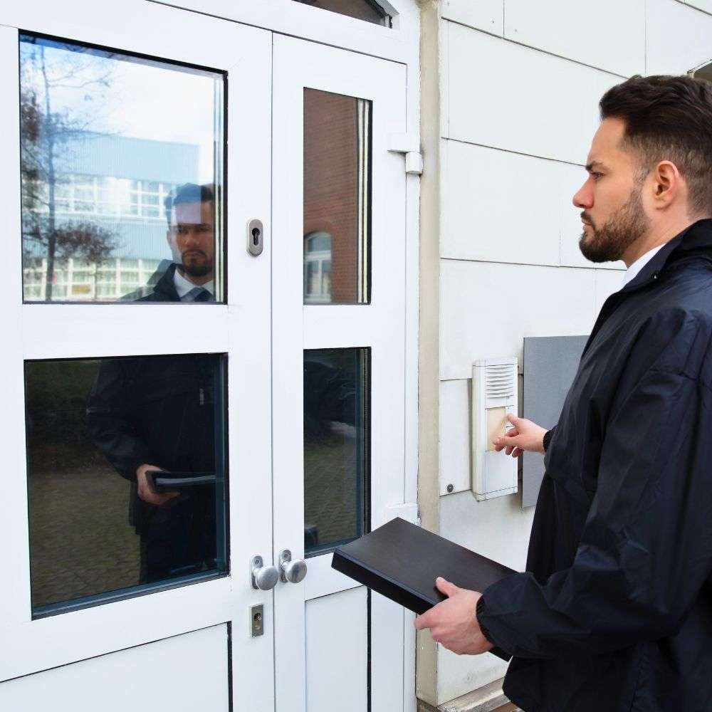 Debt collection agent carrying out a doorstep visit in London